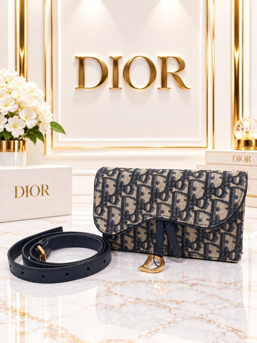 Authentic Dior Saddle Pouch Oblique Jacquard Navy Crossbody Bag Vintage Luxury